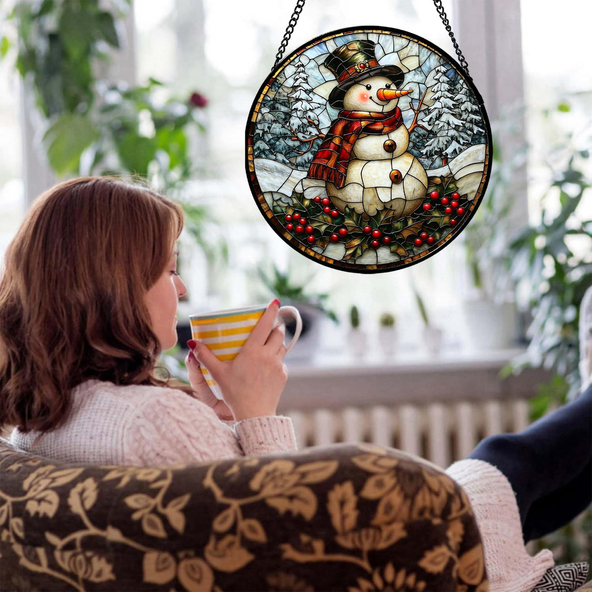 JOSUMALY Stained Glass Window Hanging - Christmas Snowman Suncatcher for Door Terrace Garden Home Decor Winter Forest Snow Sun Catcher Birthday Gifts for Lovers Women Men Dad Mom Nana 7.8 in