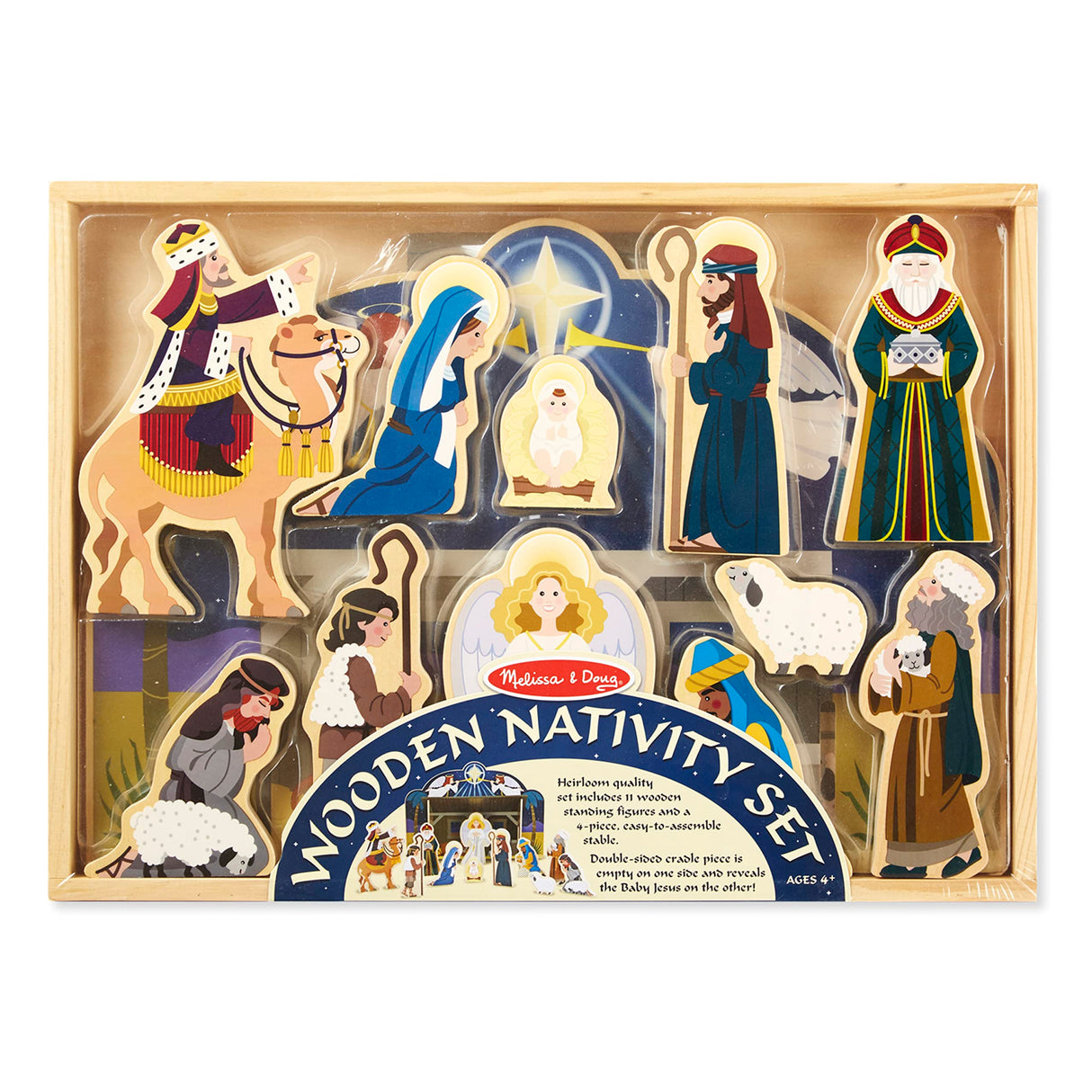 Melissa & Doug Classic Wooden Christmas Nativity Set with 4-Piece Stable and 11 Wooden Figures