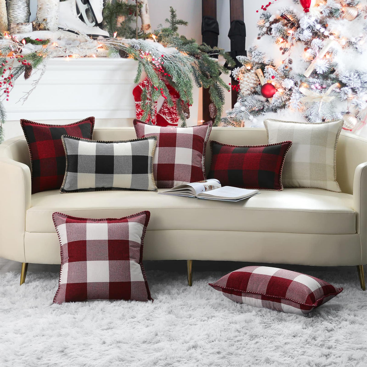 decorUhome Christmas Buffalo Plaid Check Throw Pillow Covers 20x20 Set of 2, Outdoor Linen Decorative Farmhouse Gingham Pillow Covers with Stitched Edge for Bed Couch Sofa, Cream White and Beige