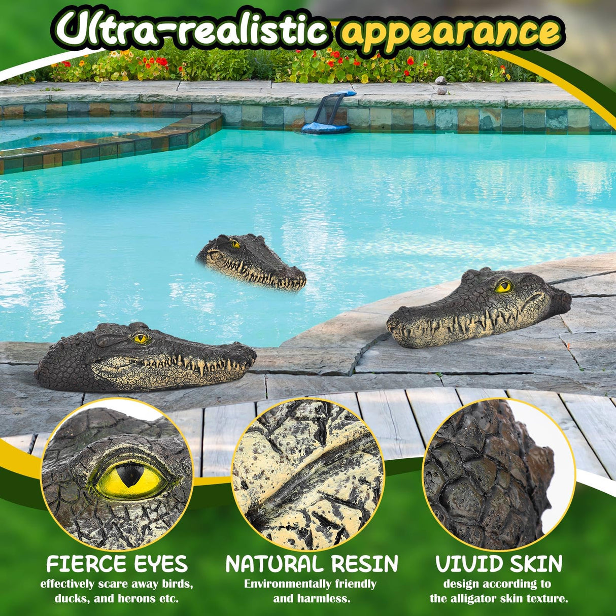 Silipull 3 Pcs Floating Alligator Head Decoy Pool Accessories 12.6 Inch Fake Alligator Pool Float Decoy for Goose, Duck Control, Garden and Patio Accessories (Classic)
