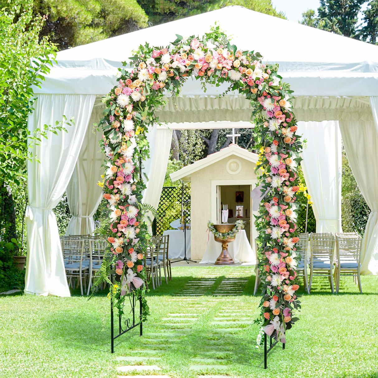 Moccha Garden Arch, 7.2Ft Metal Arbor for Climbing Plants, Vines, Roses, Outdoor Pergola Trellis with Stakes, Wide Garden Archway Arbor Trellis for Lawn Wedding