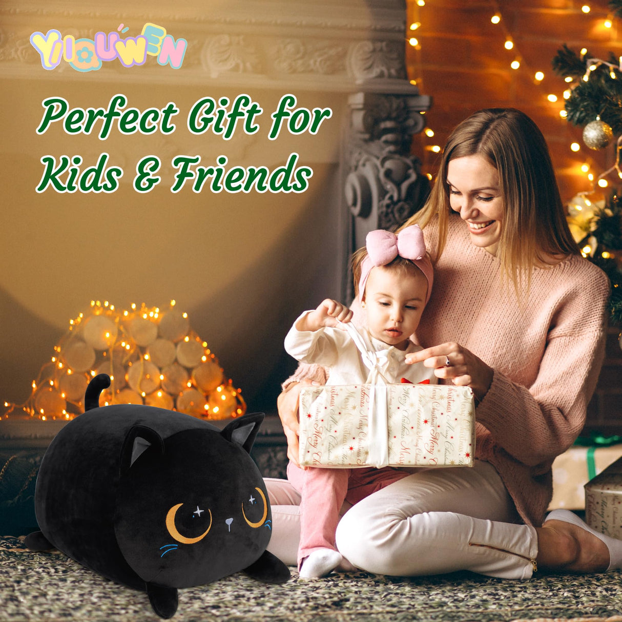 YIIQUWEN Black Cat Plush Cute Cat Stuffed Animal with 4 Baby Soft Pillow Christmas, Thanksgiving, Birthday Gift for Girls Boys Kids Decor