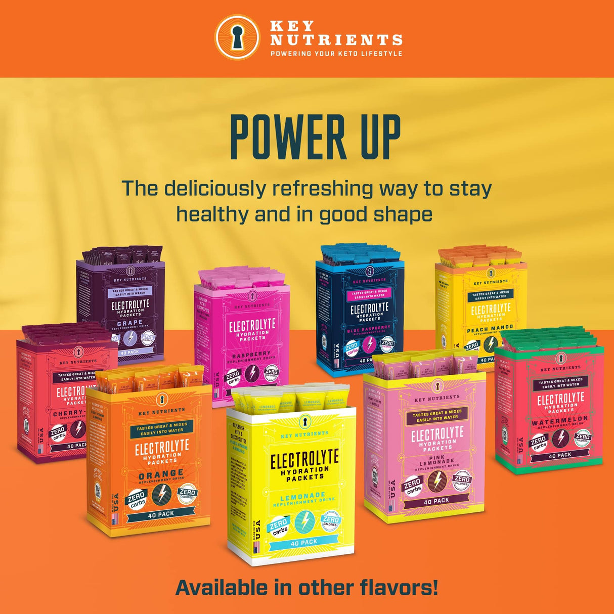 KEY NUTRIENTS Electrolytes Powder Packets - Tangy Orange 40 Pack Hydration Packets - Travel Hydration Powder - Made in USA - No Sugar, No Calories, Gluten Free