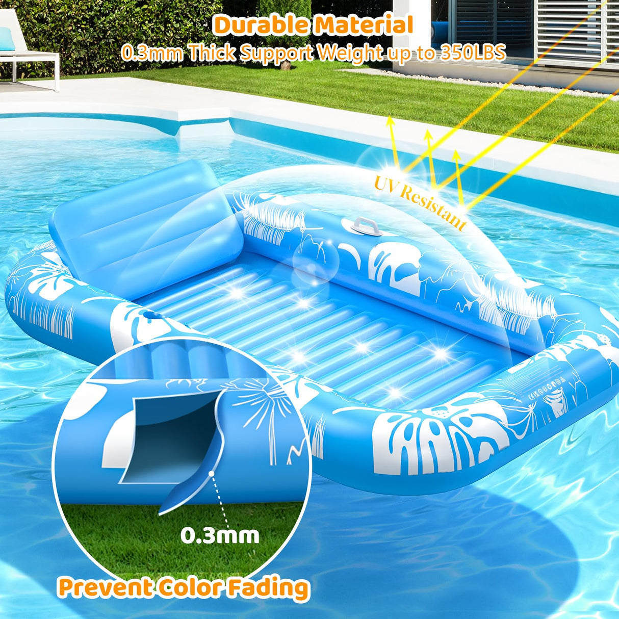Inflatable Tanning Pool Lounger Float with Sprinkler, 77" x 48" Pool Floats Adult with Pillow, 6 in 1 Suntan Tub Raft Floatie with Drink Holder Sunbathing Water Lounge