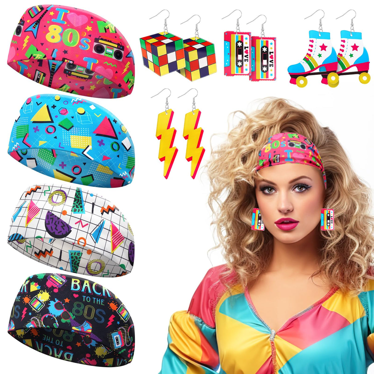 Yussti 80S Accessories for Women 4 Pairs Retro Earrings 4 PCS Headbands