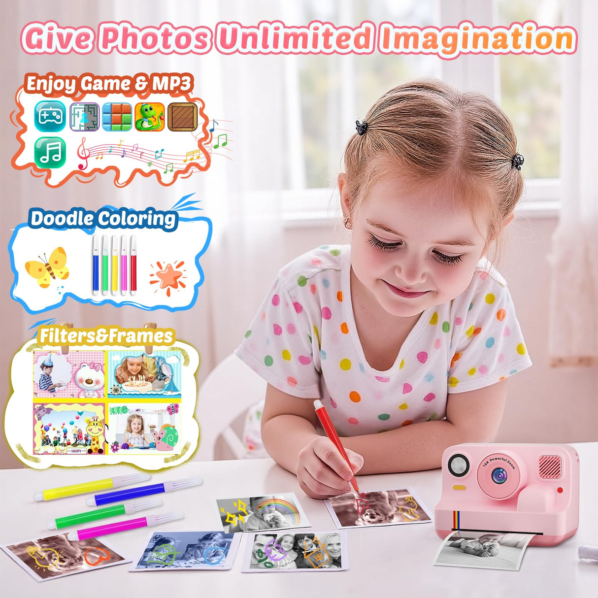 Instant Print Camera for Kids, App Printing, 1080P Video, Dual-Lens Selfie Digital Camera with 32G SD, Christmas Birthday Gifts for Girls Boys 4 5 6 7 8 9 10 11 12 Year Old, Portable Toddler Toy