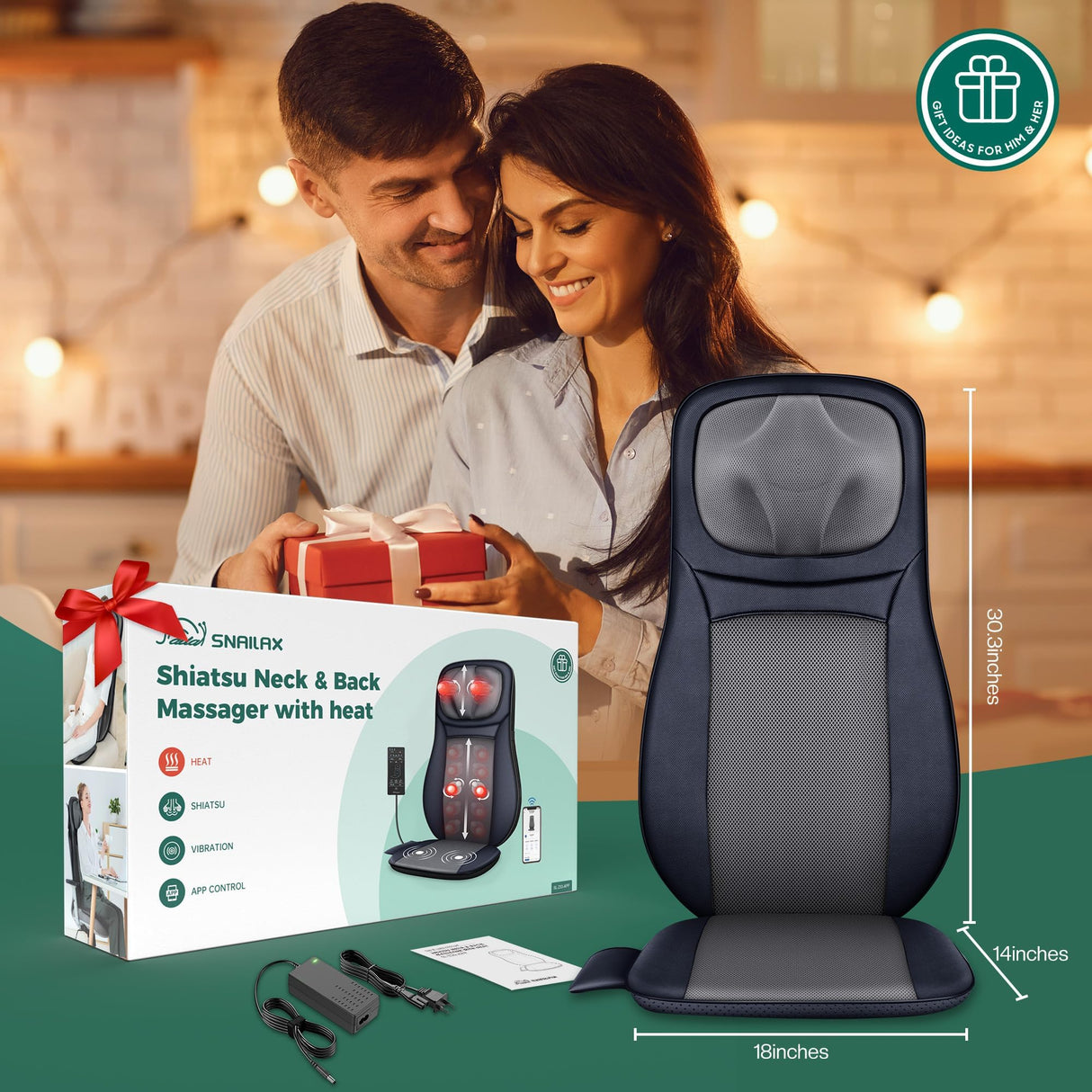 Snailax Shiatsu Neck Back Massager with Heat, APP Control, Full Body Massage Chair Pad with Adjustable Height, Deep Kneading & Rolling Massage Seat Cushion for Back Pain, Seat Chair Massager, Gifts