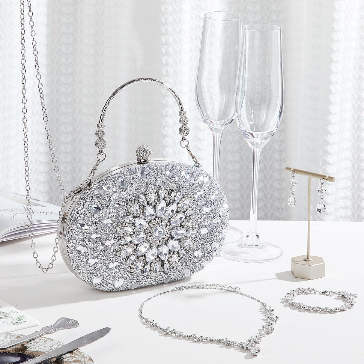 Quelay 4 Pcs Purse Rhinestone Jewelry Set for Wedding Bridal Women Evening Clutch Bag Necklace Dangle Earrings Bracelets(Silver,Stylish Style)