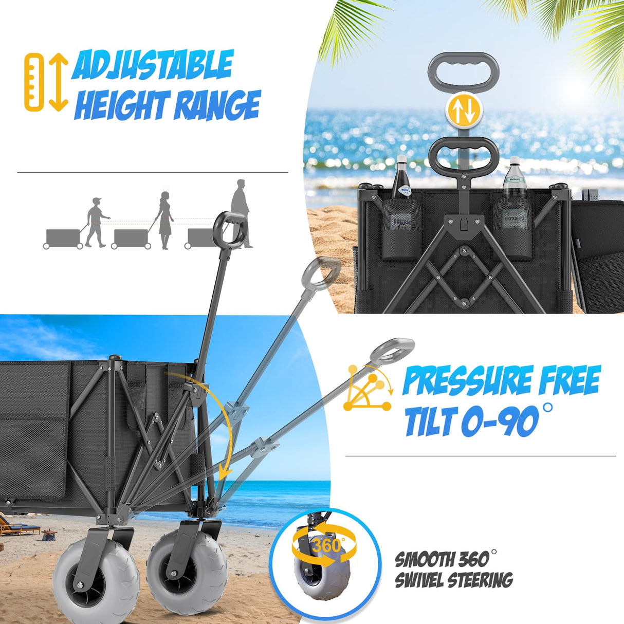 Beach Wagon with Big Wheels for Sand, 350lbs Heavy Duty Folding Wagon, Oversized 180L, 9" PVC All-Terrain Wheels, Adjustable Handle, Cooler & Storage Bags for Beach, Camping & Outdoor Sports (Black)