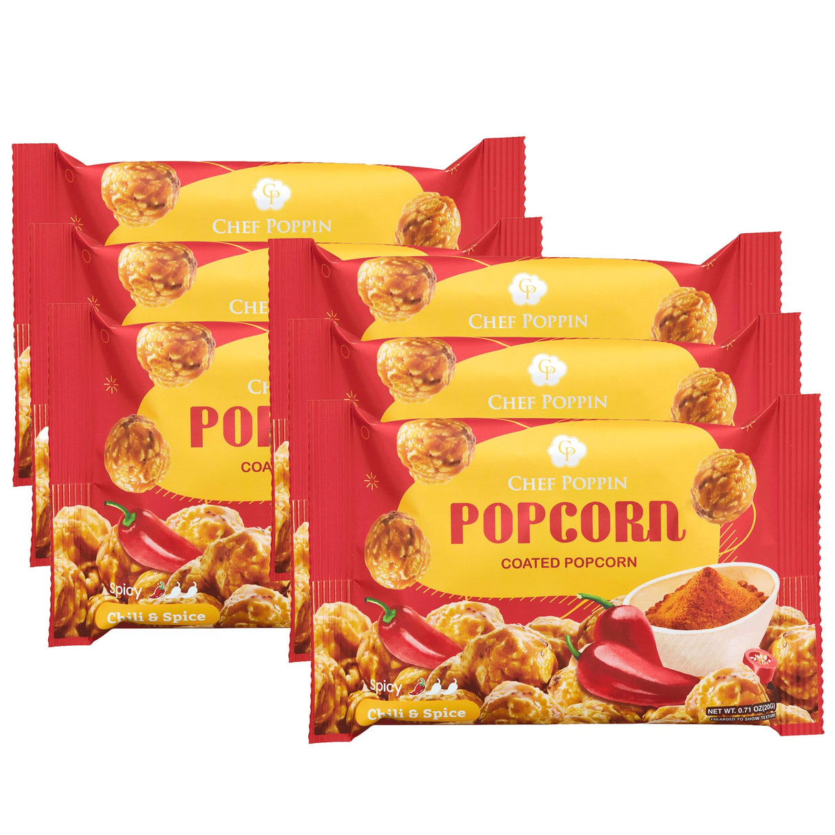 CHEF POPPIN Gourmet Flavored Popcorn, Non-GMO, Chili & Spice, 20g, 6 Pack, .71 oz each
