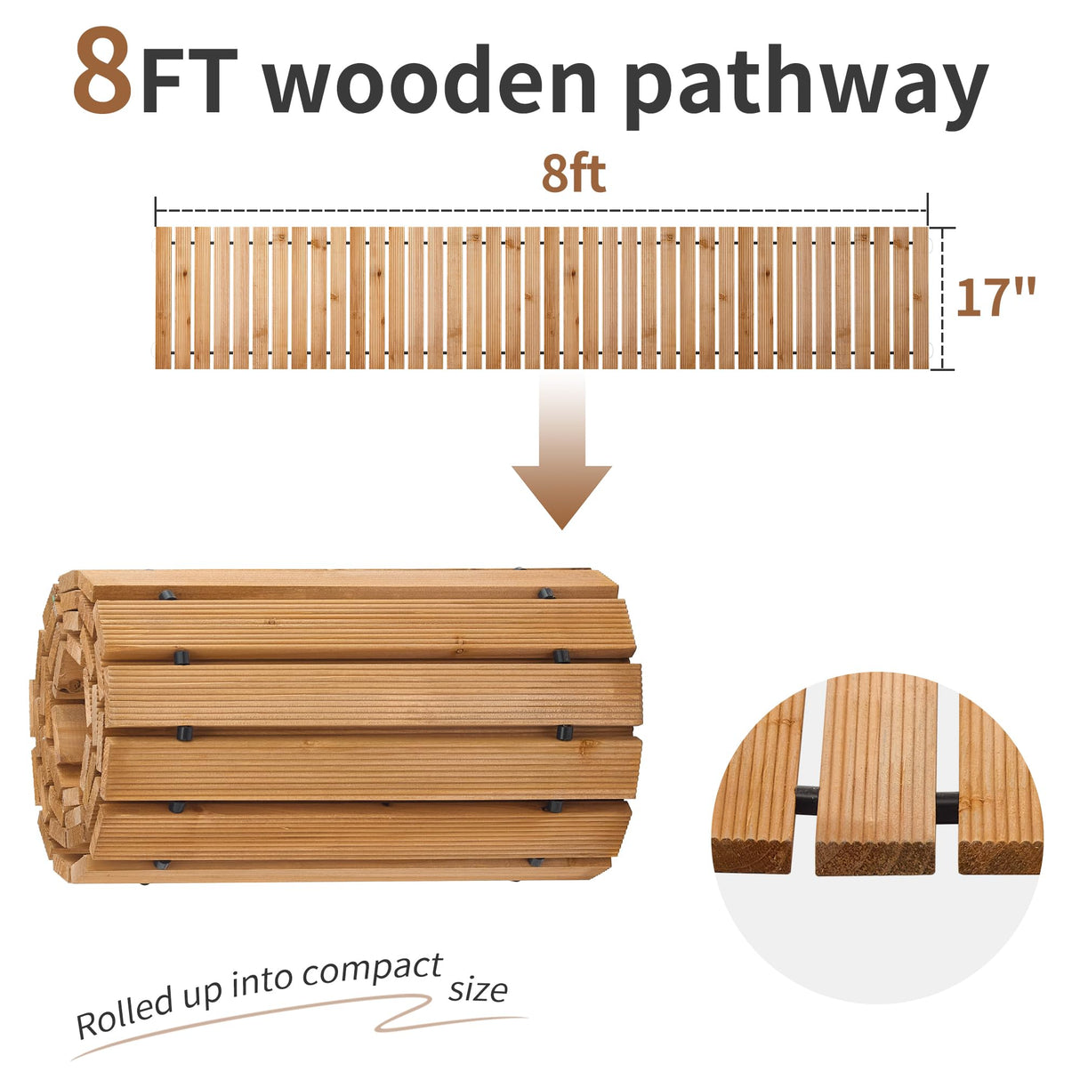 FILWH Wooden Garden Pathway Outdoor Roll-Out Walkway Weather-Resistant Fir Wood Curved or Straight Boardwalk Decorative Garden for Backyard,Beach,Wedding Party Pathways (Natural, 8FT Straight)