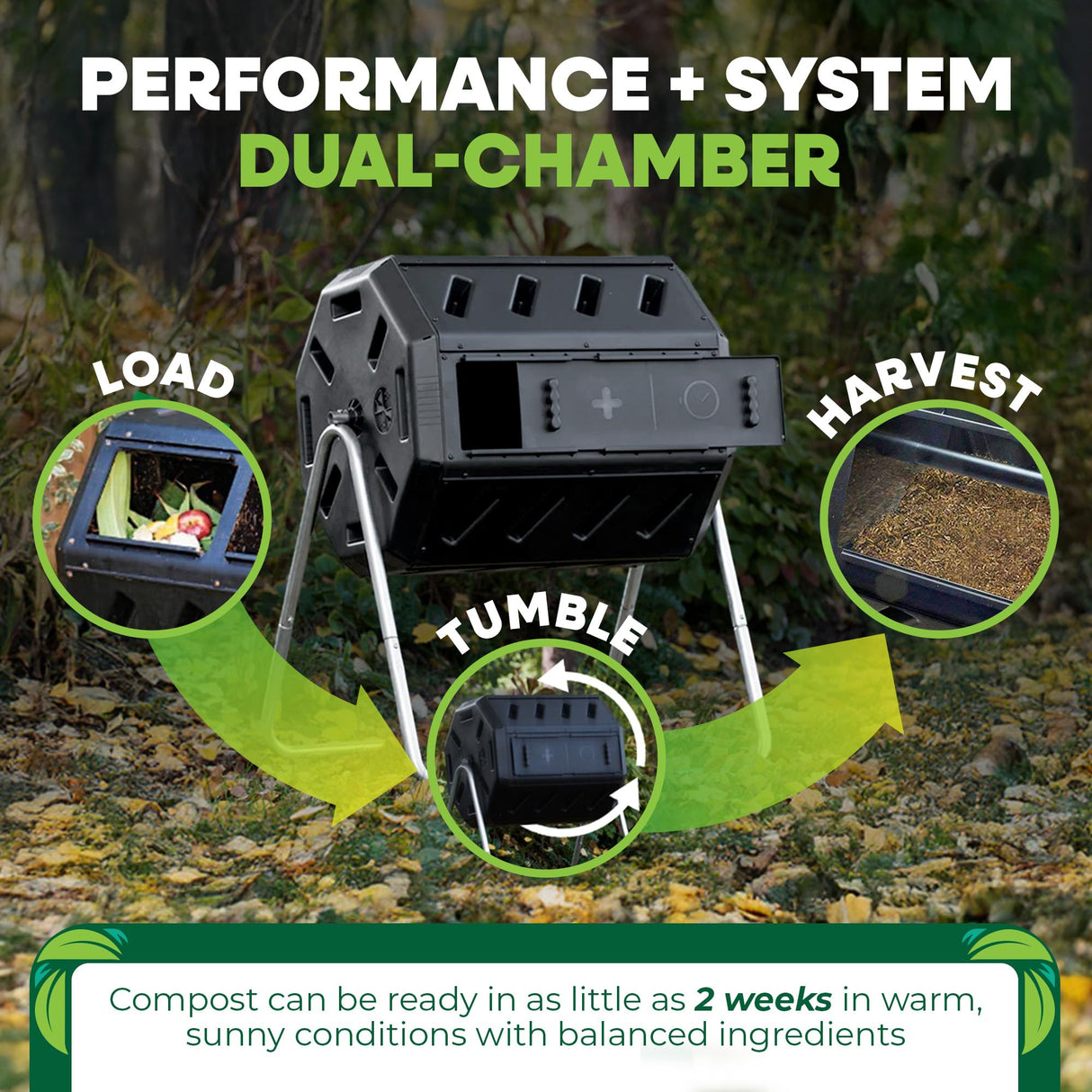 FCMP Outdoor Heavy Duty 37 Gallon 8 Sided Steel Portable Plastic Dual Chamber Tumbling Composter Outdoor Elevated Rotating Garden Compost Bin, Black