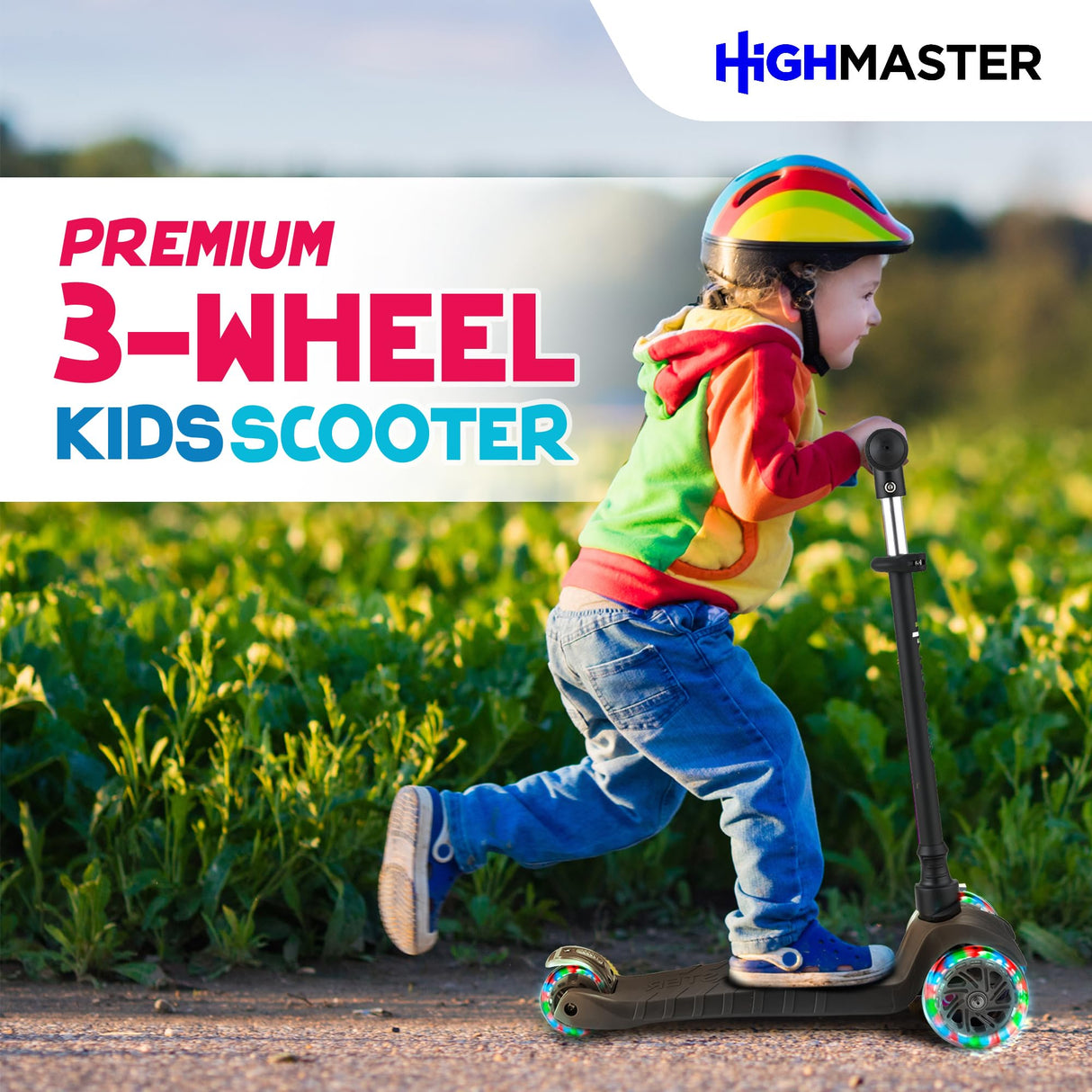 Highmaster 3-Wheel Toddler Scooter for 2 to 8 Year Old boy - 3 Wheeled Kids Scooter with Light Up Wheels, Safe and Fun Ride for Kids - Yellow