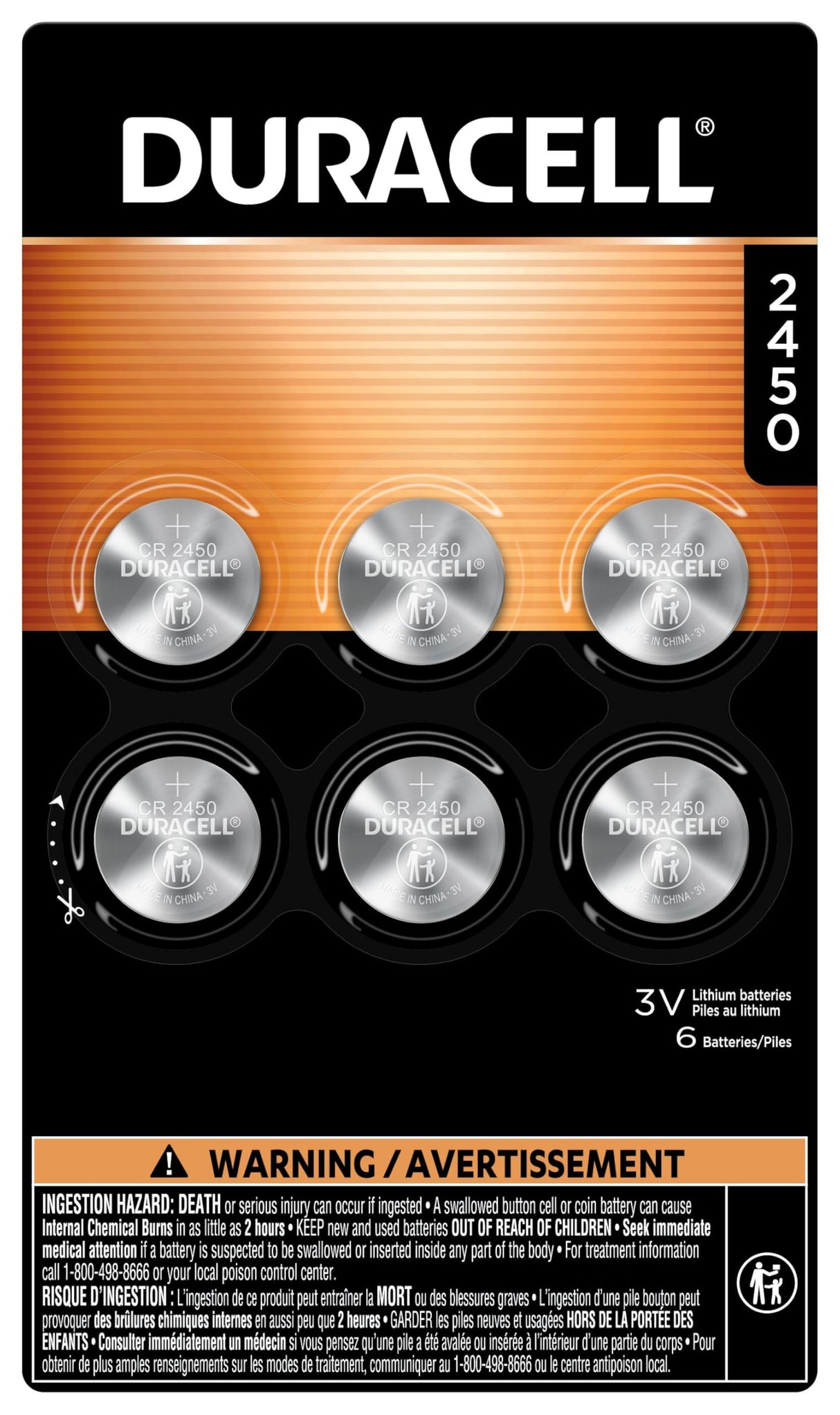 Duracell CR2450 Lithium Battery, 6 Count (Pack of 1), Coin Battery for Key Fob, Car Remote, Watch, and Other Devices, CR2450 Lithium 3 Volt (3V) Cell