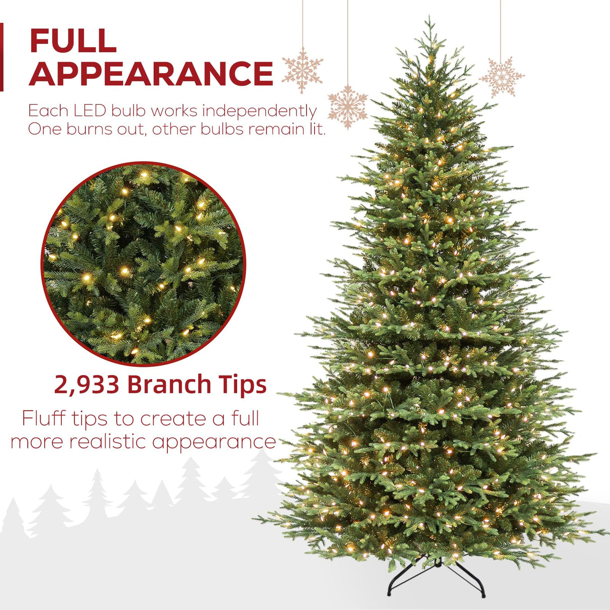 Hykolity 7.5 ft Prelit Artificial Christmas Tree, 2933 PE&PVC Branch Tips, 450 Warm White LED Lights, Metal Stand and Hinged Branches