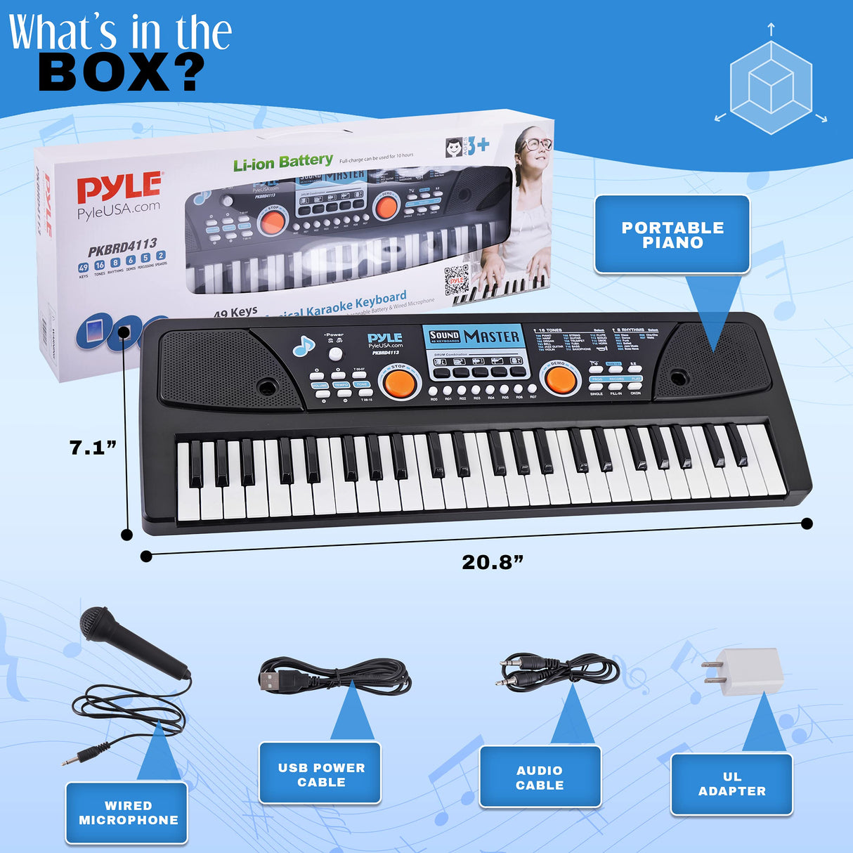 Pyle, Electric 49 Keys-Portable Digital Musical Karaoke Piano Keyboard-8 Rhythms 16 Tones, Stereo Speakers, Rechargeable Battery-Wired Microphone-Beginners Kids Adult PKBRD4113 (PKBRD4113.3)