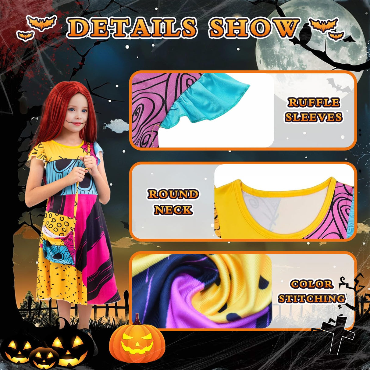 DVDGSC Halloween Sally Costume for Girls: Sally Dress Red Wig Bag - Cosplay Dress Up for Kids - Halloween Christmas Party Outfit (M)