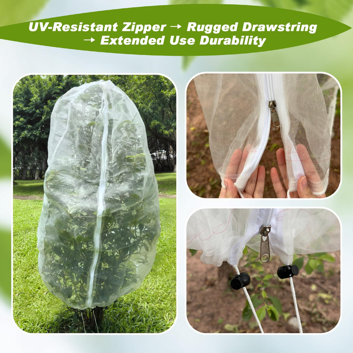 4-Pack 10 * 10FT Large Fruit Tree Netting with Drawstring and Zipper, Garden Netting for Garden Protection, Insect Bird Netting for Fruit Trees, Protection from Anti Bugs,Cicadas, Insects,Birds