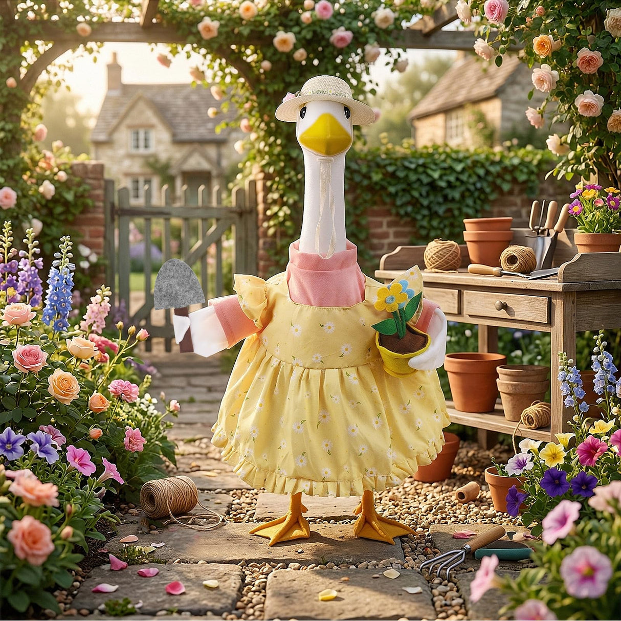 Erythem Gardener Porch Goose Outfits, Cute Spring Porch Goose Clothes with Straw Hat, Shovel & Flower Pot Fits 23" Cement Plastic Geese Statue for Outdoor Garden Yard Decor