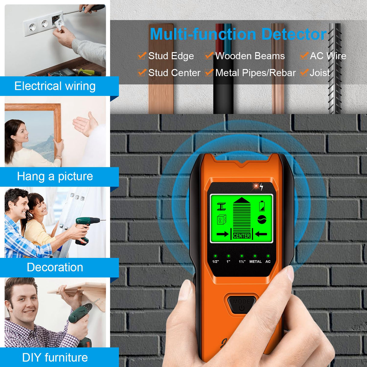 Stud Finder Wall Scanner, 5 in 1 Multi-function Upgraded Smart Stud Sensor, Wall Scanner with Battery for the Center& Edge of Metal, Studs and AC Wire, Pipe Locator for Walls