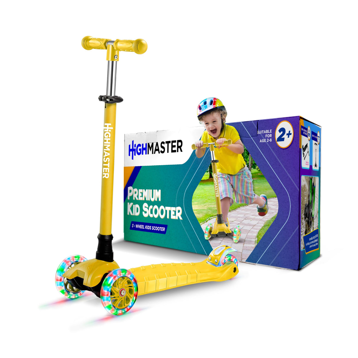 Highmaster 3-Wheel Toddler Scooter for 2 to 8 Year Old boy - 3 Wheeled Kids Scooter with Light Up Wheels, Safe and Fun Ride for Kids - Yellow