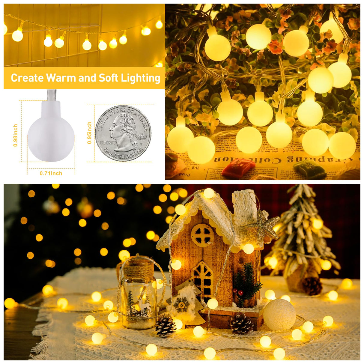 JMEXSUSS 100 LED Connectable Globe String Lights Indoor Bedroom, 33ft Warm White Christmas Lights Plug in with Remote, 8 Mode Hanging Fairy Lights Outdoor for Room Classroom Party Tree Christmas Decor