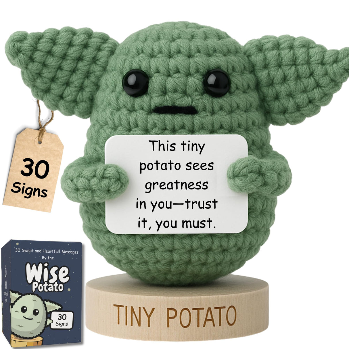 Handmade Baby Yoda Positive Crochet with 30 Fun Affirmations - Funny Friendship Gift for Christmas, Inspirational Birthday Gifts for Women Men | Birthday Gift Idea for Women Friends, BFF, Coworker