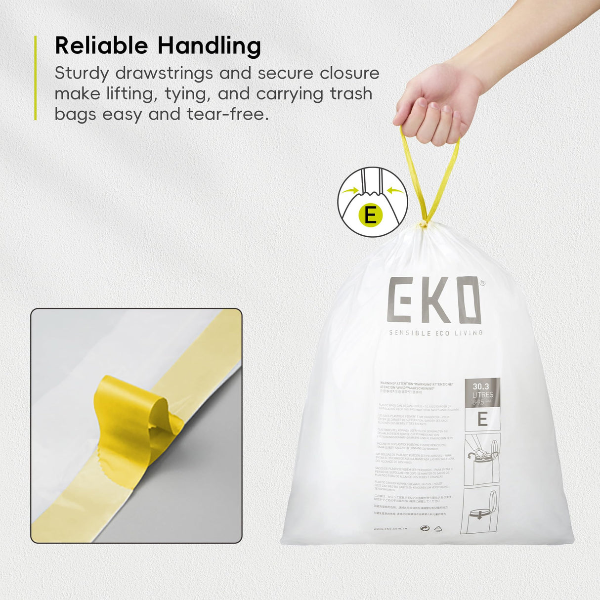 EKO Easy-Dispense Roll 80 Count Extra-Strong Drawstring Tall Kitchen Trash Bag, 8-9.5 Gallon Trash Bag (30.3L-36L) 1 Pack White, Code E