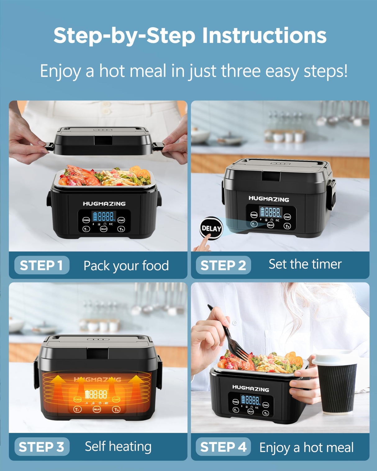 Hugmazing Cordless Electric Lunch Box – Rechargeable Self-Heating Food Warmer with 1100ML SS Container, Battery-Powered Heated Lunch Box, Perfect for Travel, Office Meals for Adults, Men & Women