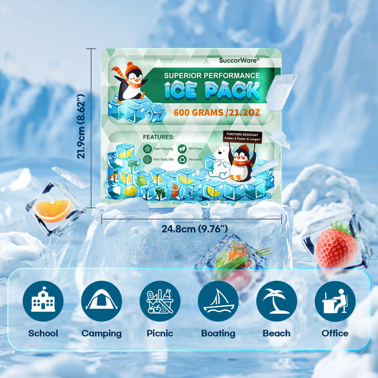 SuccorWare 5 Packs Reusable Ice Packs for Lunch Boxes - 12+ Hour Cooling Ice Gel Pack for Camping, Beach, Office - Ice Packs for Cooler Bag, Cooler Backpacks (600 Grams)