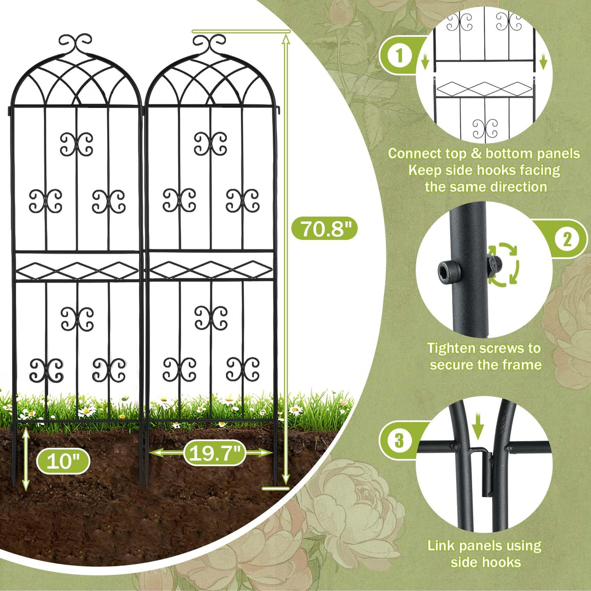 HIHADUUM 2 Pack 70.8" H x 19.7" W Arched Metal Garden Trellis for Climbing Plants Outdoor - Tall Rust-Resistant Decorative Climbing Rose Trellis Perfect for Roses, Vines, Vegetables, Flowers, Black