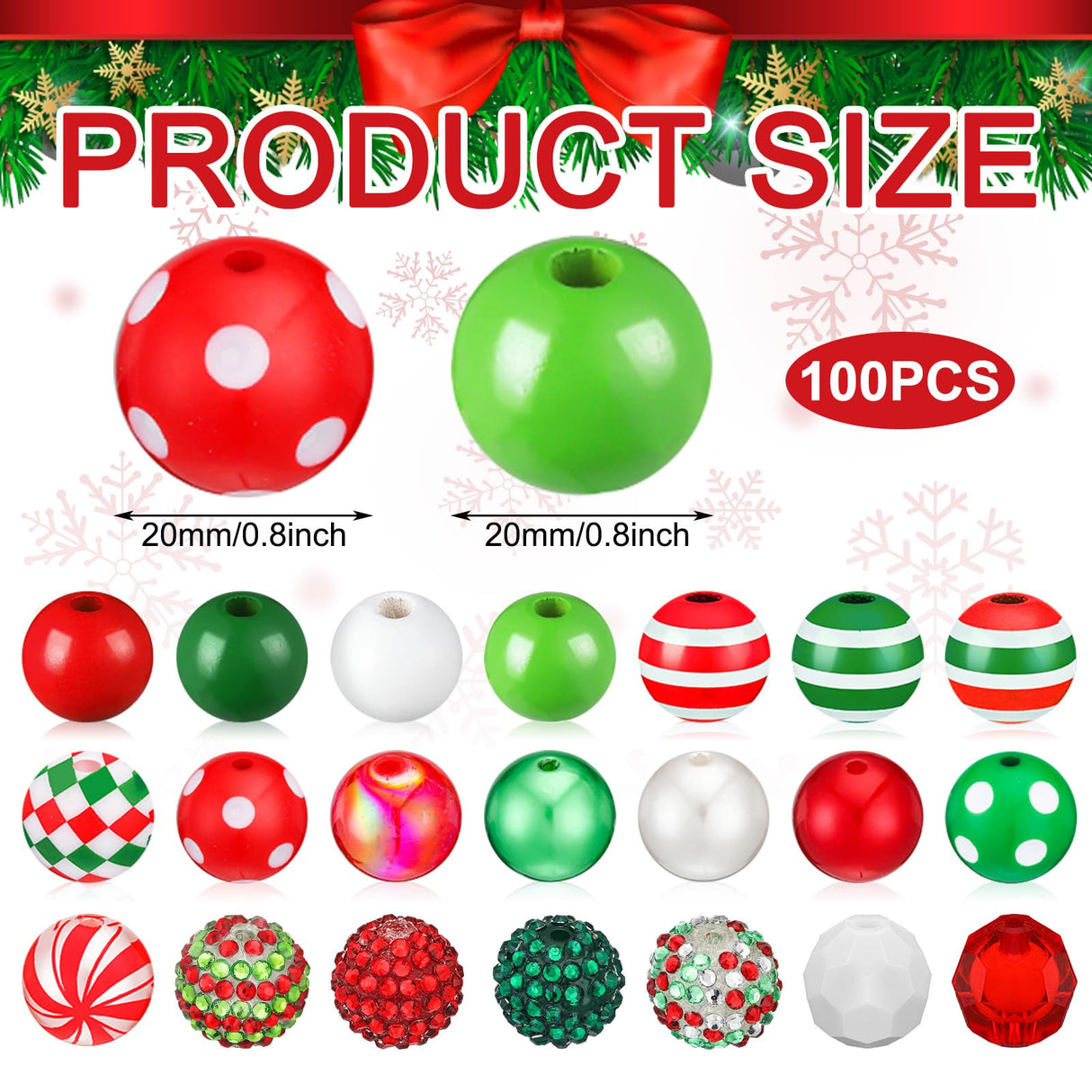 Poen 100 Pcs 20 mm Christmas Rhinestone Bubblegum Beads for Pens Bulk Crystal Resin Acrylic Plastic Spacer Chunky Beads for Christmas DIY Craft Keychain Necklace Bracelet Jewelry Making Holiday Decor