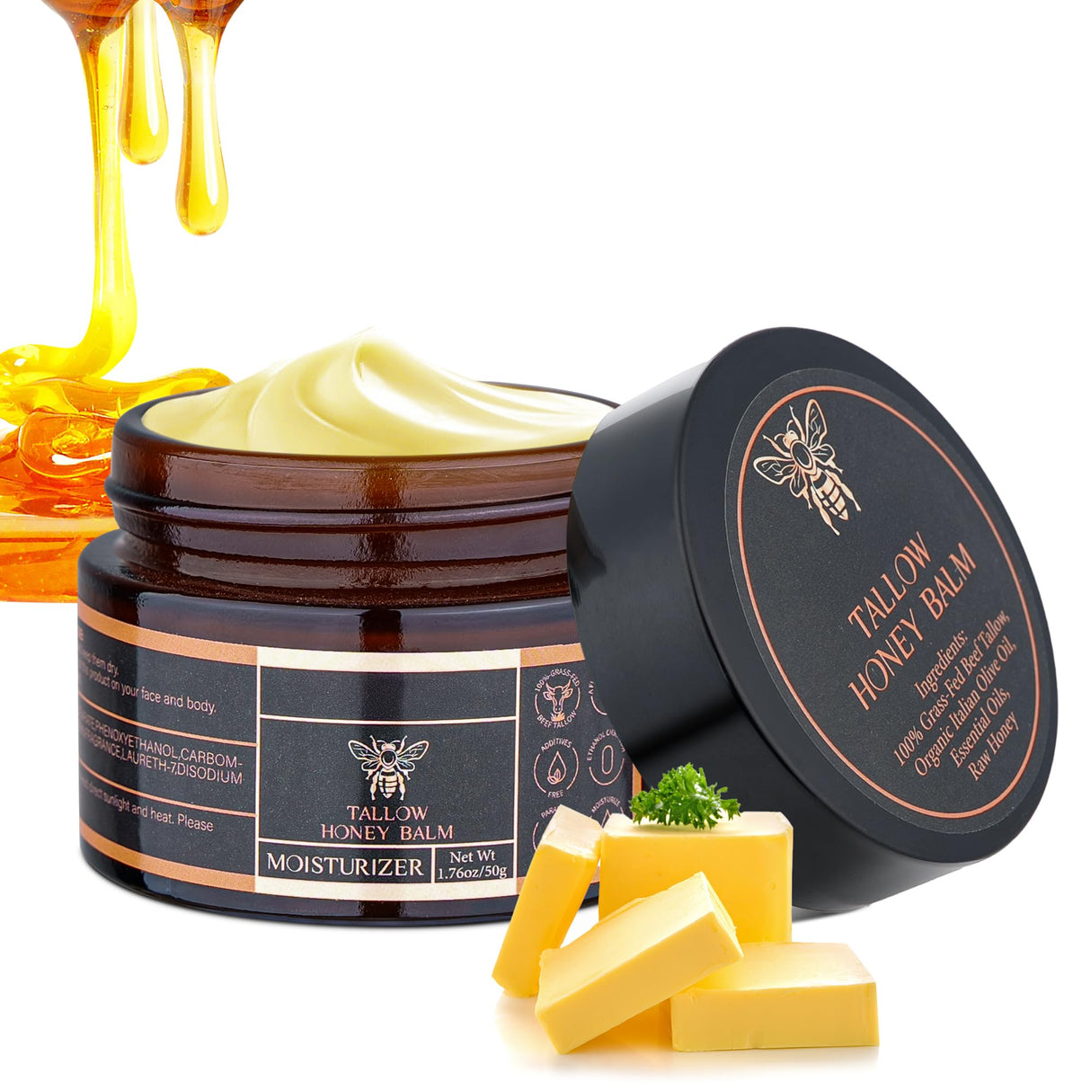 VRAIKO Tallow Honey Balm, Grass-Fed Beef Tallow Raw Honey Organic Olive Oil Moisturizing Cream for Face and Body, Handmade Natural Moisturizer for Soft Smooth Skin, 50g/1.8 oz