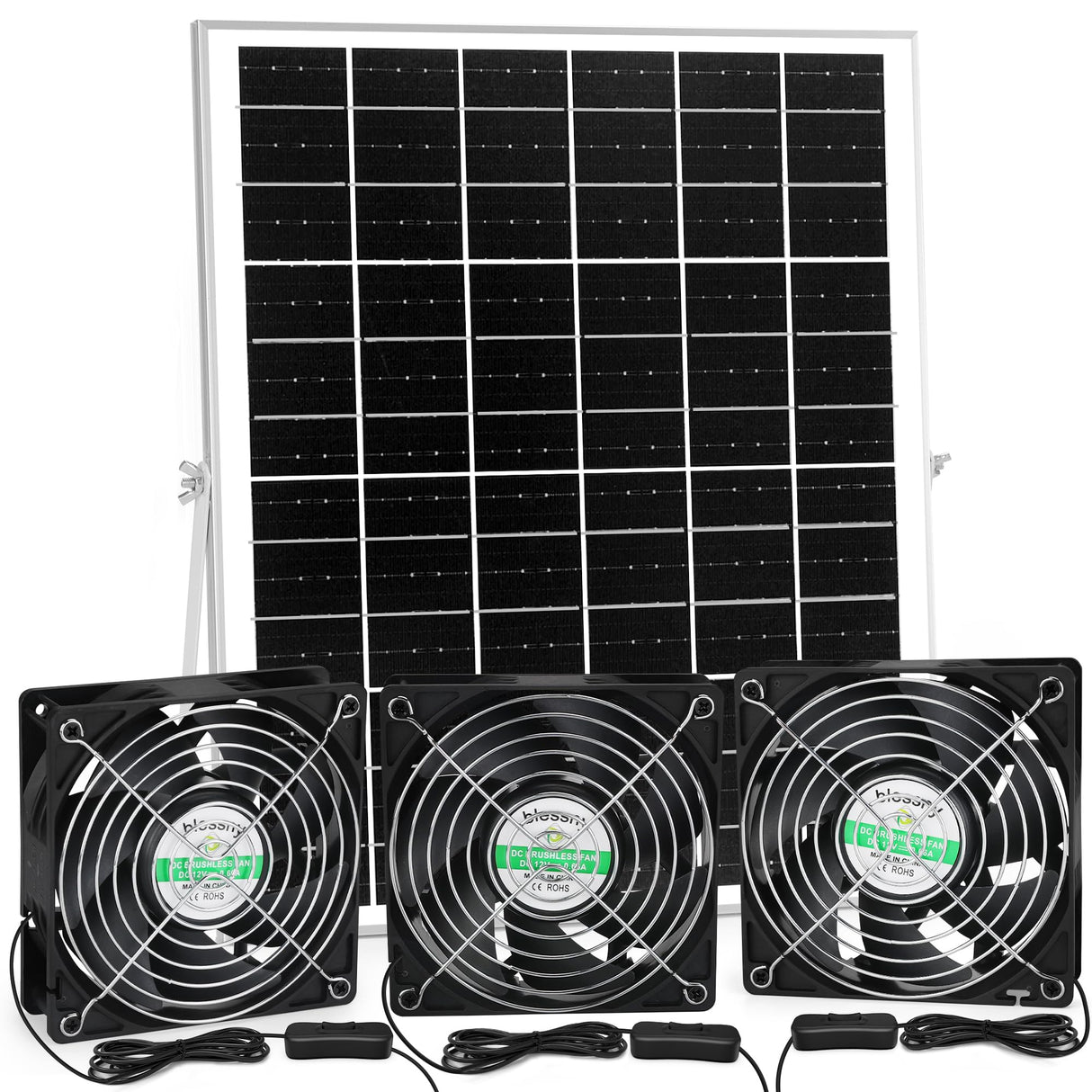 blessny Solar 3 Fan Kit for Intake or Exhaust air, Weatherproofed Solar Powered Fans for Outside Chicken Coops, Greenhouses, Shed, Pet House Air Ventilation
