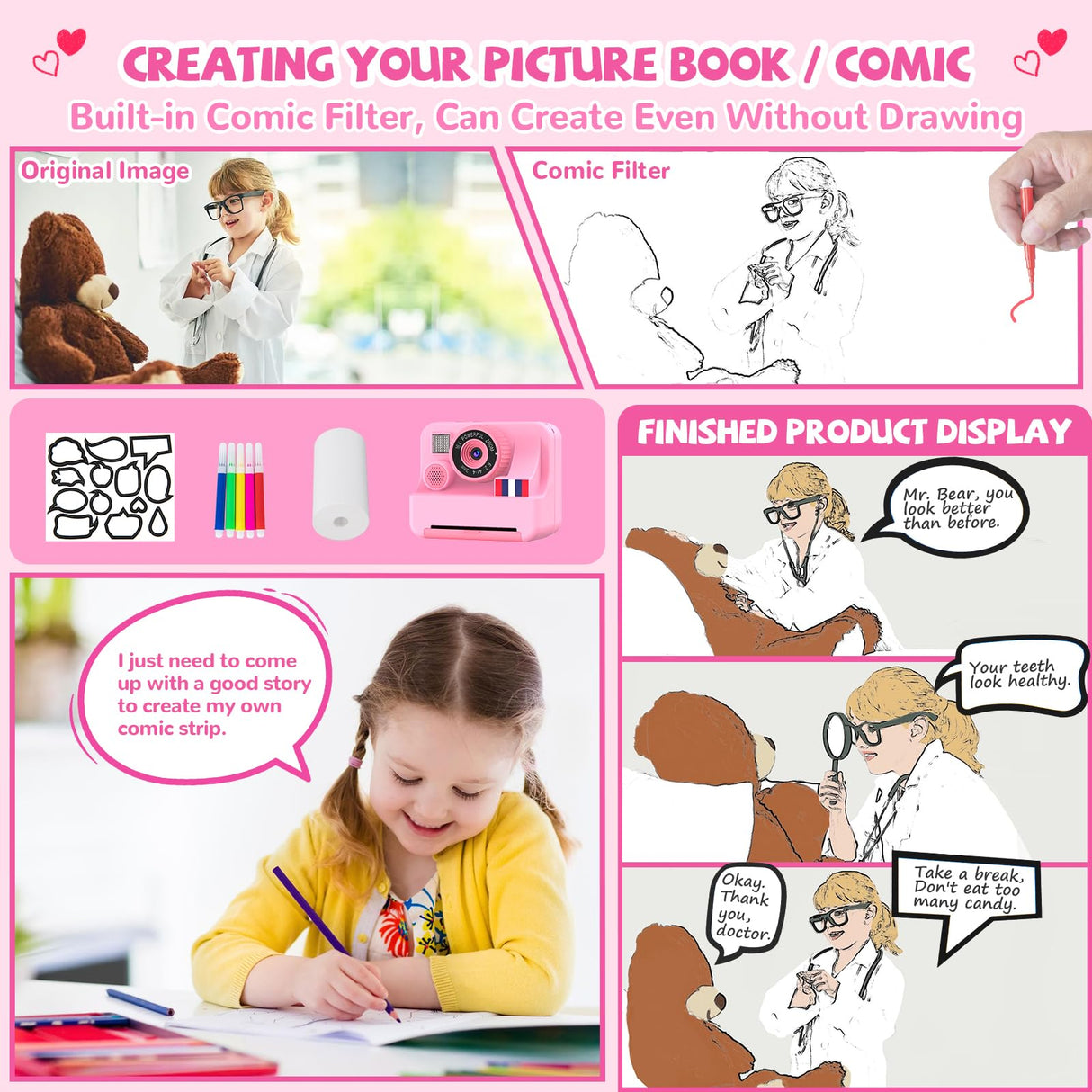 Yosfeng Instant Print Camera for Kids - Christmas Birthday Girls Gifts for Age 3 4 5 6 7 8 9 10 Year Old, 2.4 Inch Screen Kids Instant Camera, Kid Digital Video Cameras Toys with 32 GB SD Card