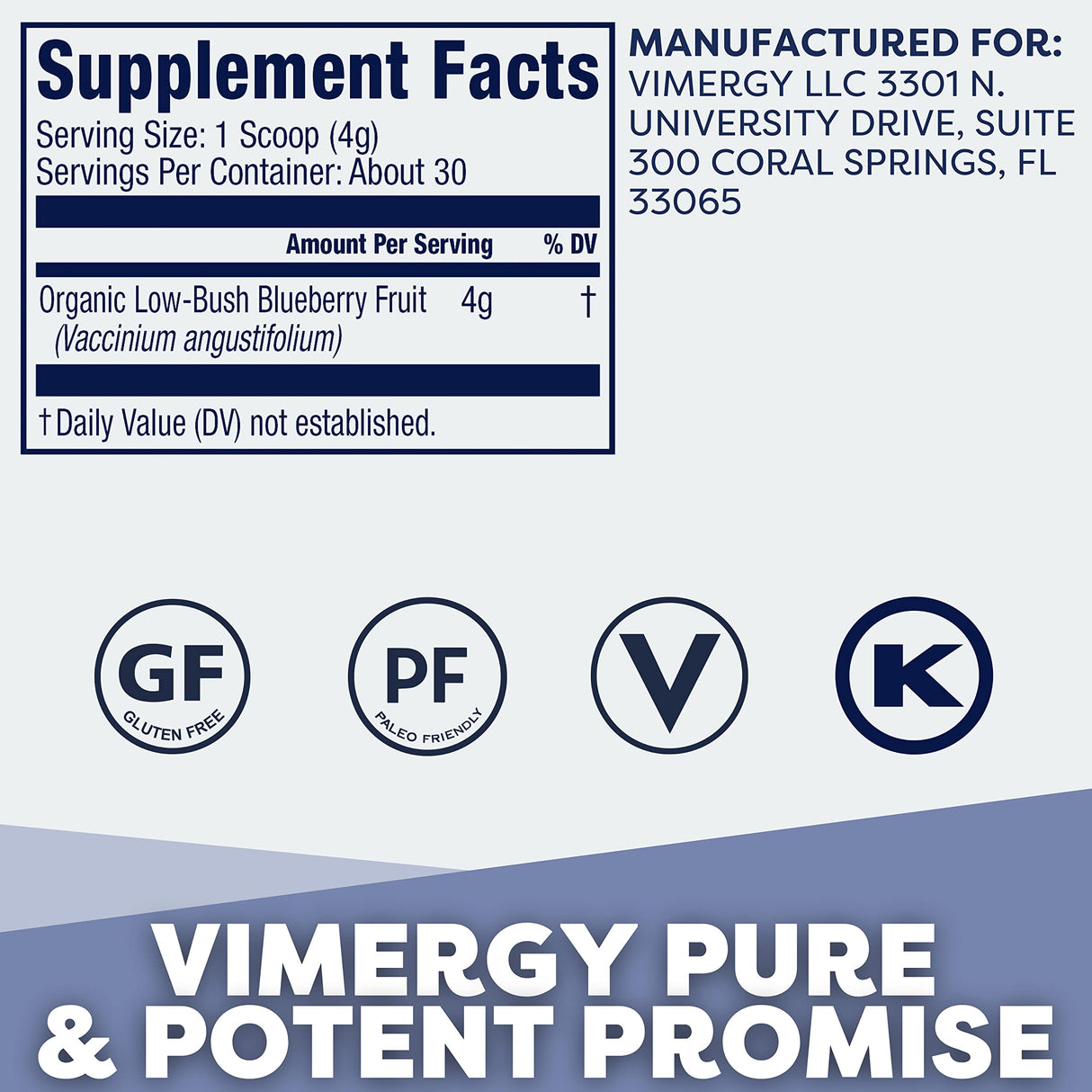 Vimergy Wild Blueberry Powder –Protects Brain Health* - Supports Cardiovascular Function* – Organic, Vegan & Gluten-Free – Trial Size 125g