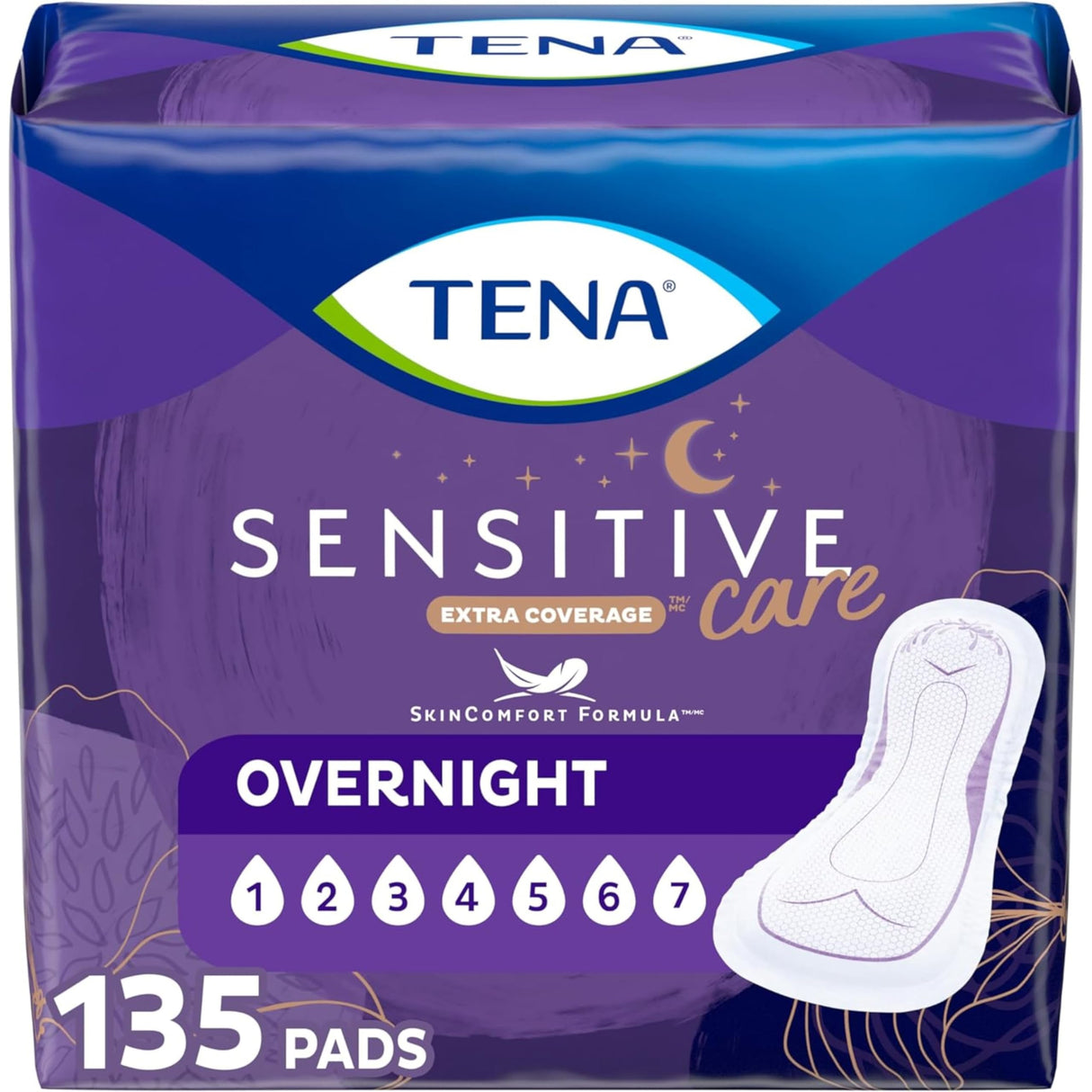 TENA Sensitive Care Incontinence Pads, Bladder Control, Postpartum for Women, Overnight Absorbency, Extra Coverage, 135 Count