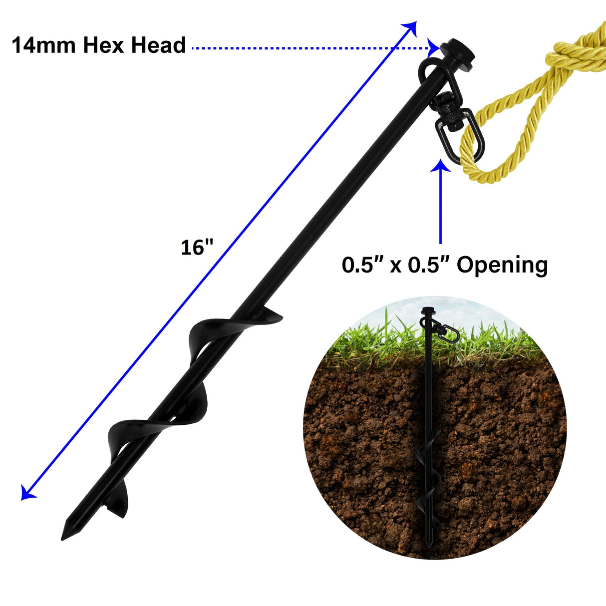 VASGOR 16” Ground Anchors (8pcs) Easy to Use with Drill, Heavy Duty Anchor Hook for Camping Tent, Canopies, Car Ports, Sheds, Swing Sets, Securing Animals – Black Powder Coated