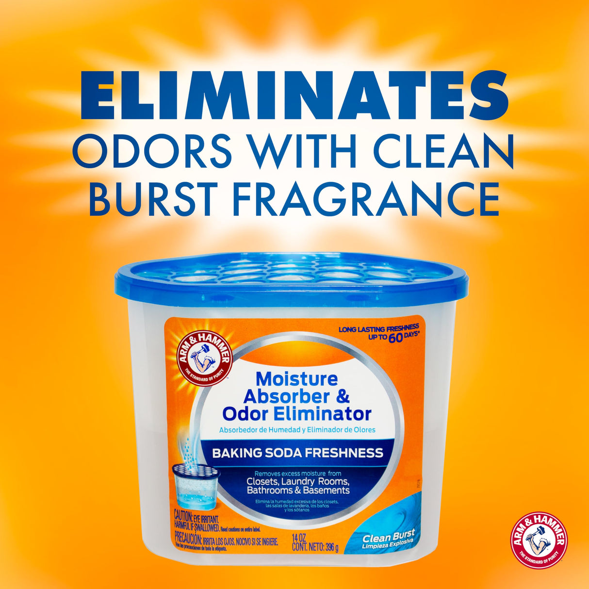 Arm & Hammer Clean Burst Moisture Absorber and Odor Eliminator Tubs, 14 oz, 3 Pack, Attract and Trap Excess Moisture, Eliminate Musty Odors, Convenient and Effective, White
