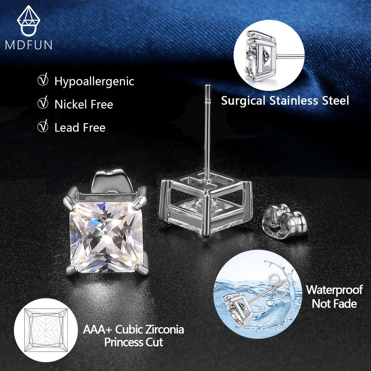 MDFUN 316L Stainless Steel Square Stud Earrings Set for Women Men 3-7MM