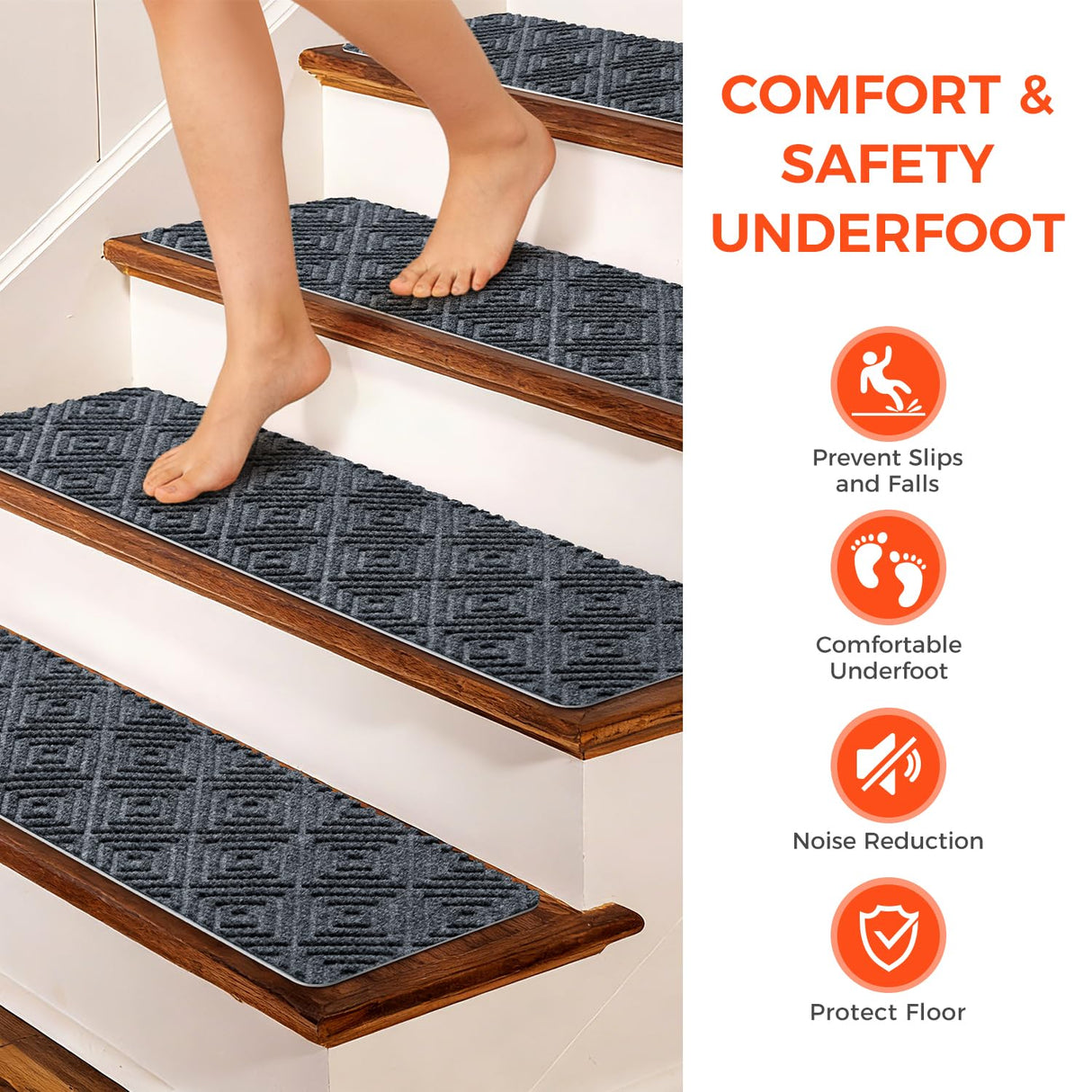 BAGAIL 15 Pack Non-Slip Stair Treads for Wooden Steps, 8"x30" Peel and Stick Carpet Stair Runners, Machine Washable Indoor Step Covers with No-Residue Adhesive for Dogs, Kids & Elderly - Dark Gray