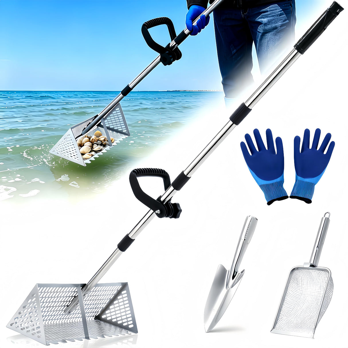 Large Stainless Sand Flea Rake Shark Tooth Sifter Comes Long Handle Sand Sifter for The Beach, 5-Section with Hand rake 16-Inch Wide Mesh Screen for Collecting Fleas , Shark Teeth, and Seashells