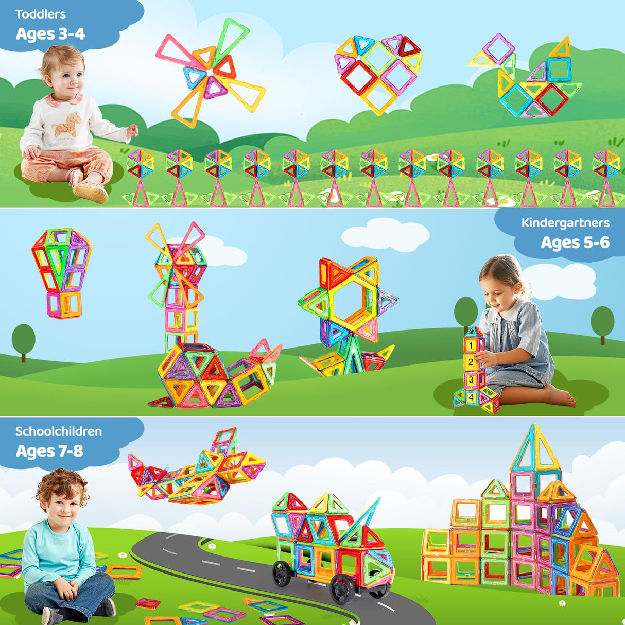 Crenova Magnetic Tiles with 2 Car Wheel Sets for Ages 3+ Boys & Girls, 60-Piece STEM Educational Toy, for Birthday Christmas