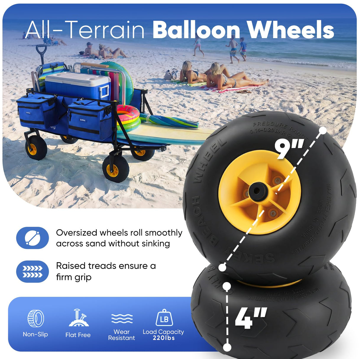 Sekey Heavy Duty Beach Wagon with 9" Big Sand-Proof Wheels, 300L Oversized Foldable Beach Cart with Cooler| Adjustable Handle & Balloon Tires for Sand, Camping,Vacation