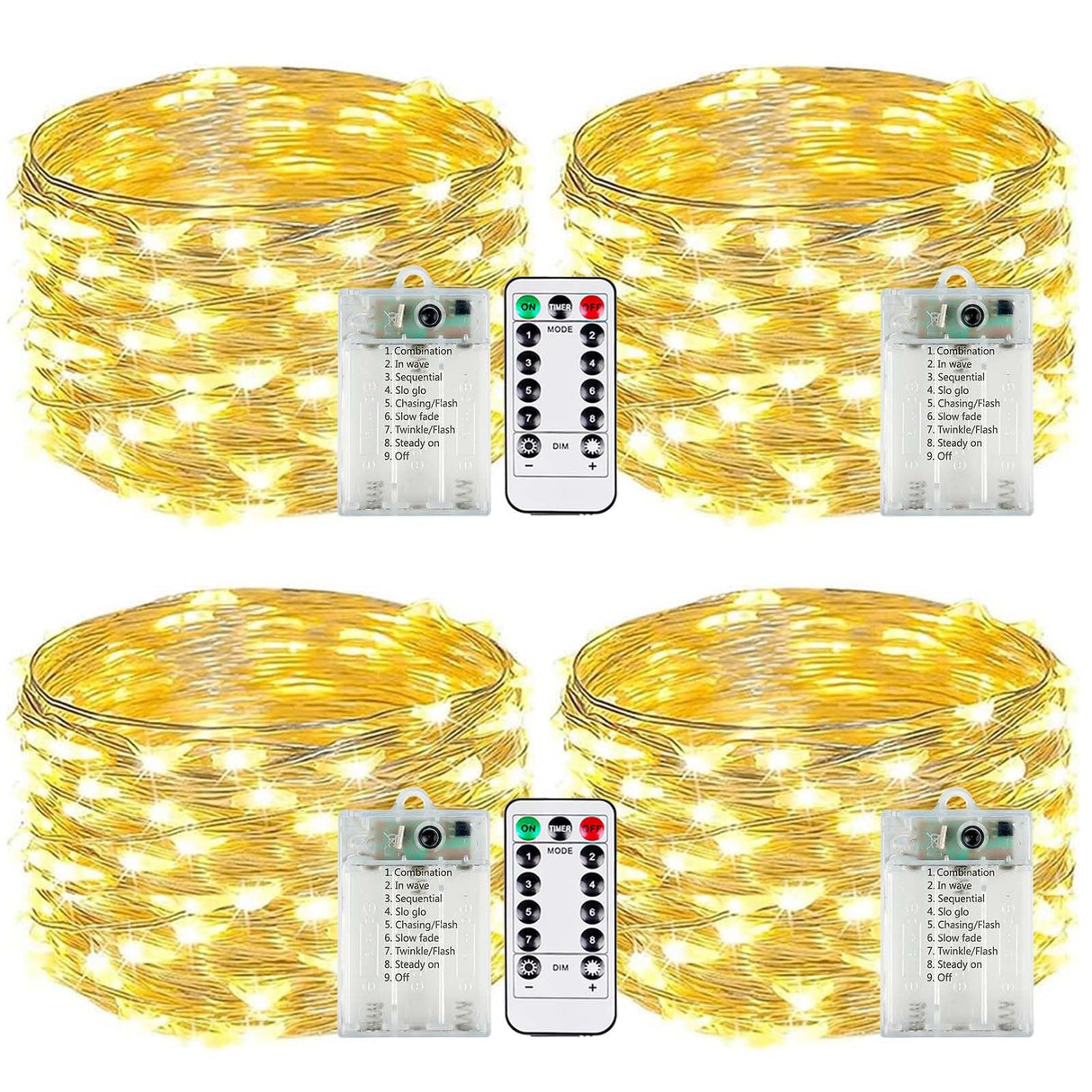 4-Pack Fairy Lights Battery Operated with Remote & Timer & 8 Modes, Waterproof 16 FT 50 LED String Lights Outdoor Indoor, Battery Twinkle Lights for Christmas Bedroom Centerpiece Décor (Warm White)