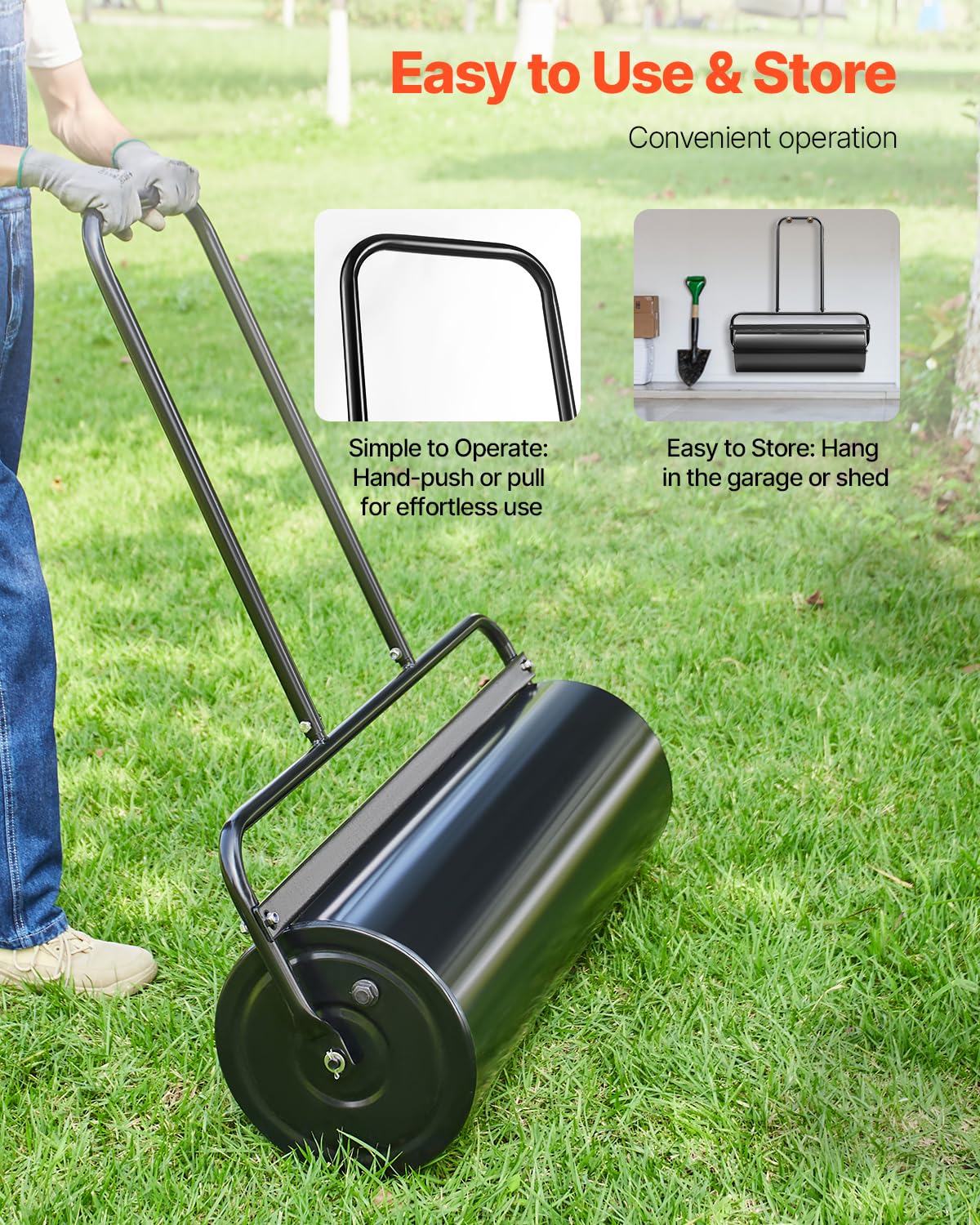 VEVOR Lawn Roller, 61L Sand or Water Filled Yard Roller, with Easy-Turn Plug and U-Shaped Ergonomic Handle for Convenient Push and Pull, Level and Compress Soil for Lawn, Garden, Farm, Park, Black