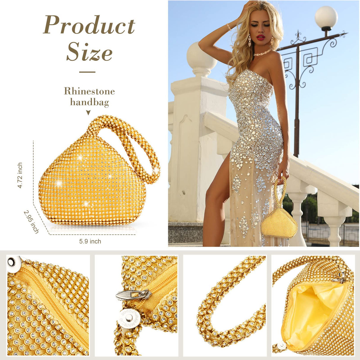 MTLEE 4 Pieces Rhinestone Necklace Choker Bracelet Earring Clutch Purses Jewelry Set Women Crystal Triangle Bling Diamond Purse Rhinestone Bag for Wedding Party (Gold)
