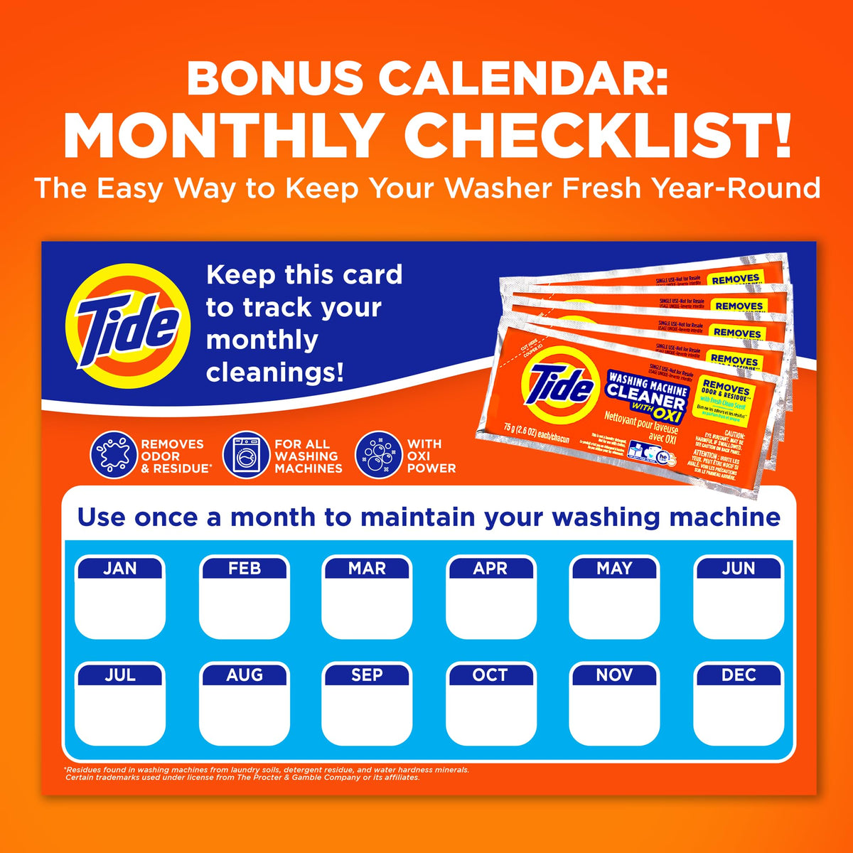 Tide Washing Machine Cleaner 52 Week Supply with Oxi for Front and Top Loader Washer Machines, Deep Cleaning Residue & Odor Eliminator, 12 Month Supply (Packaging May Vary)