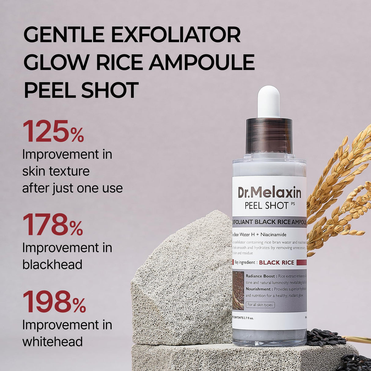 Dr.Melaxin Peel Shot Glow Black Rice Peeling Ampoule, Soft Exfoliating Face and Body Scrub Dead Skin Cells, Blackheads Remover for All Skin Types korean skin care 80ml