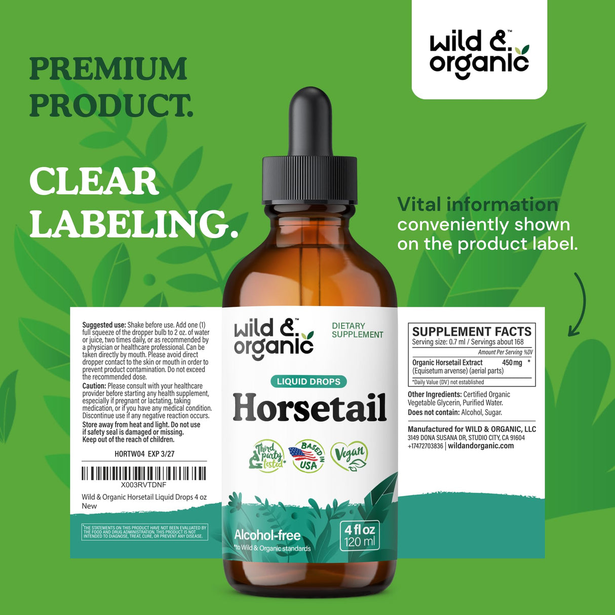 Wild & Organic Horsetail Herb Tincture - Hair Skin and Nails Support - Liquid Horsetail Supplement - Vegan, Sugar & Alcohol-Free Leaf Extract Drops - 4 fl oz
